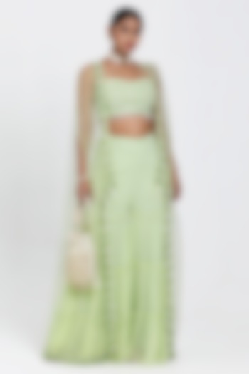 Light Green Net Cutdana & Beads Embroidered Cape Set by NITISHA  KASHYAP at Pernia's Pop Up Shop