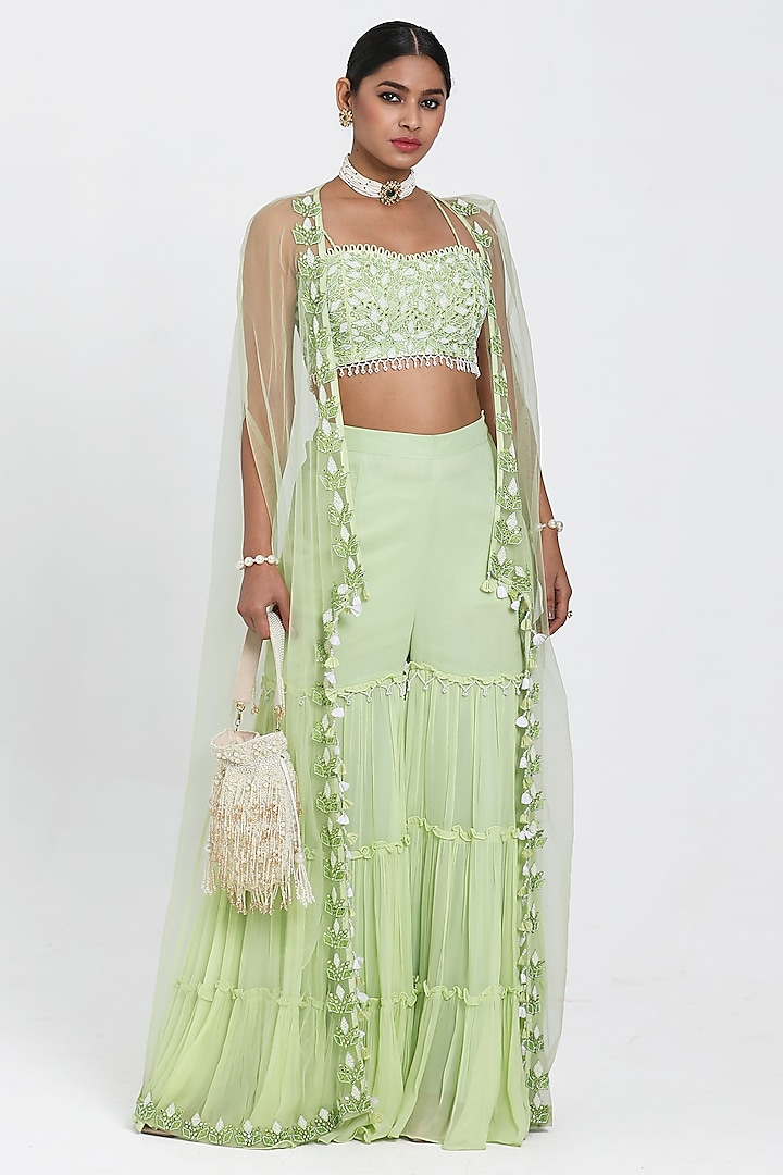 Light Green Net Cutdana & Beads Embroidered Cape Set by NITISHA  KASHYAP at Pernia's Pop Up Shop