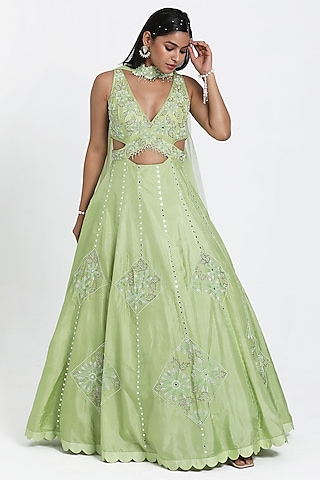 Mint Green Silk Cutdana & Nakshi Embroidered Anarkali Set by NITISHA  KASHYAP