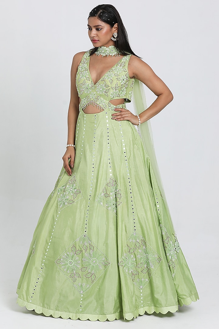 Mint Green Silk Cutdana & Nakshi Embroidered Wedding Anarkali Set by NITISHA KASHYAP at Pernia's Pop Up Shop