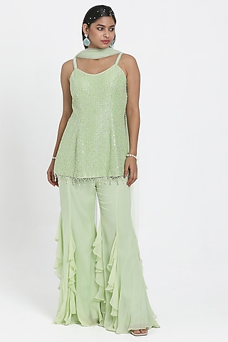 Mint Green Georgette Frilled Inserted Sharara Set by NITISHA  KASHYAP