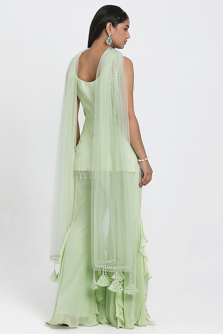 Mint Green Georgette Frilled Inserted Wedding Sharara Set by NITISHA KASHYAP at Pernia's Pop Up Shop