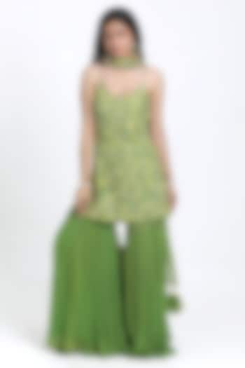 Green Georgette Gathered Gharara Set by NITISHA  KASHYAP