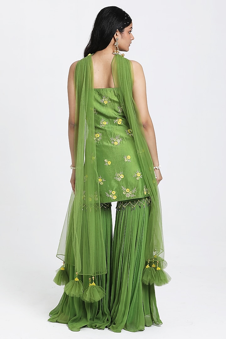 Green Georgette Gathered Gharara Set by NITISHA  KASHYAP at Pernia's Pop Up Shop