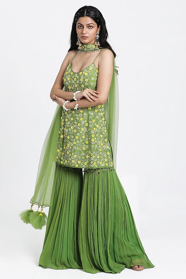 Green Georgette Gathered Gharara Set by NITISHA  KASHYAP at Pernia's Pop Up Shop