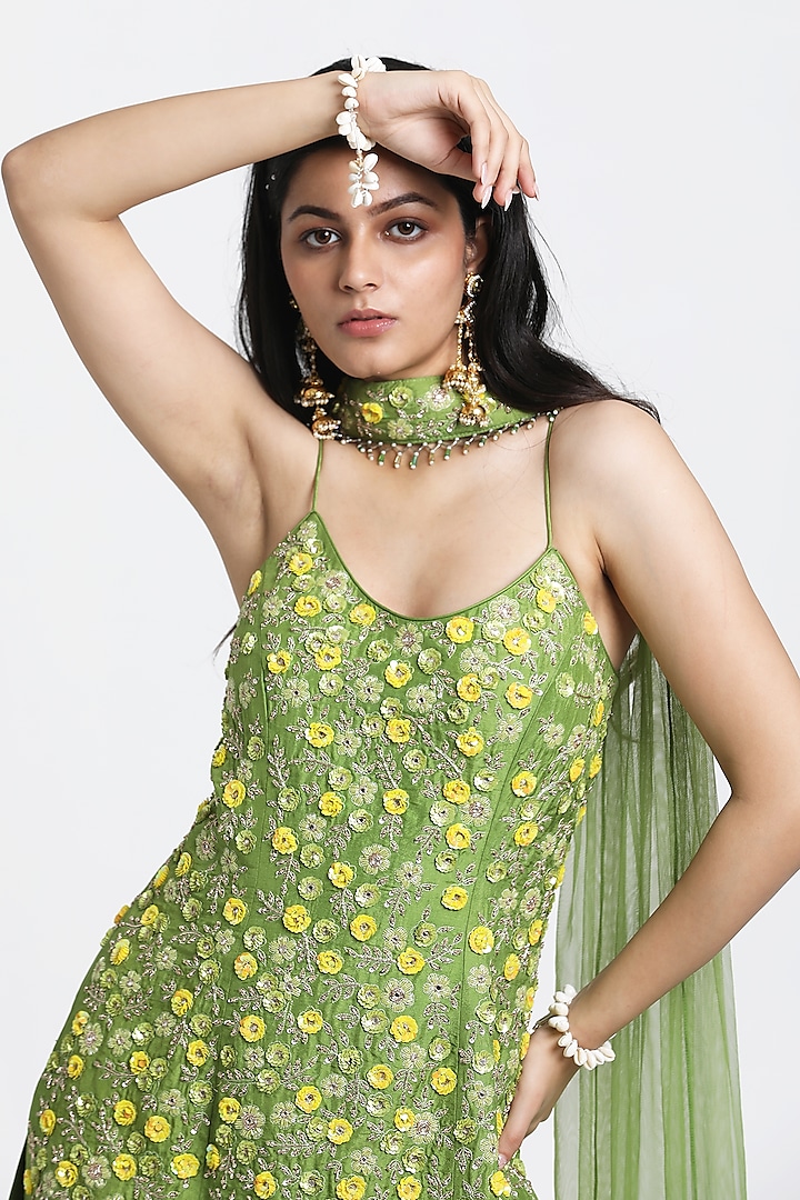 Green Georgette Gathered Gharara Set by NITISHA  KASHYAP at Pernia's Pop Up Shop