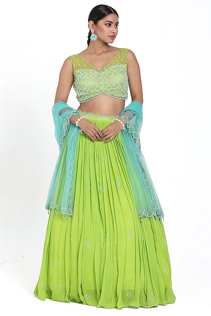 Green Georgette Beads & Cutdana Embroidered Wedding Lehenga Set by NITISHA  KASHYAP at Pernia's Pop Up Shop