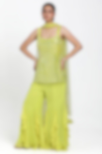 Neon Yellow Georgette Frilled Inserted Sharara Set by NITISHA  KASHYAP at Pernia's Pop Up Shop