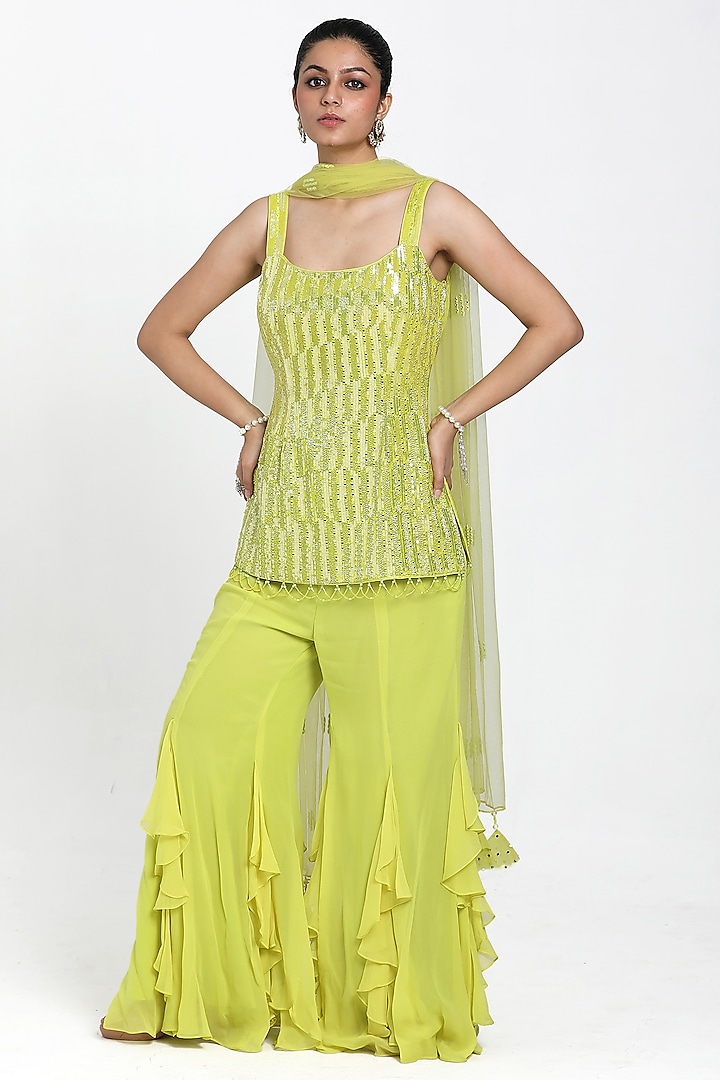 Neon Yellow Georgette Frilled Inserted Sharara Set by NITISHA  KASHYAP at Pernia's Pop Up Shop