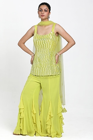 Neon Yellow Georgette Frilled Inserted Sharara Set by NITISHA  KASHYAP