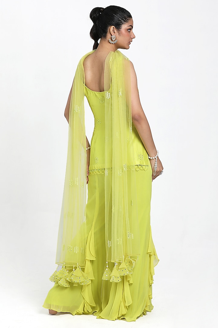 Neon Yellow Georgette Frilled Inserted Wedding Sharara Set by NITISHA KASHYAP at Pernia's Pop Up Shop