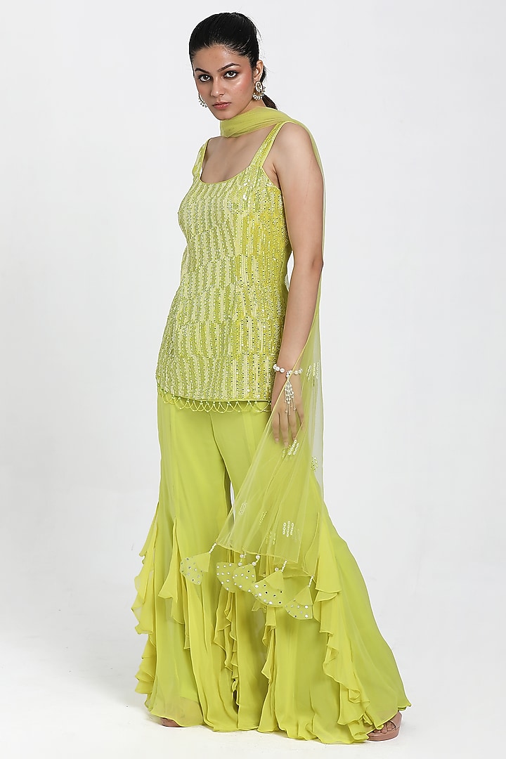 Neon Yellow Georgette Frilled Inserted Wedding Sharara Set by NITISHA  KASHYAP at Pernia's Pop Up Shop