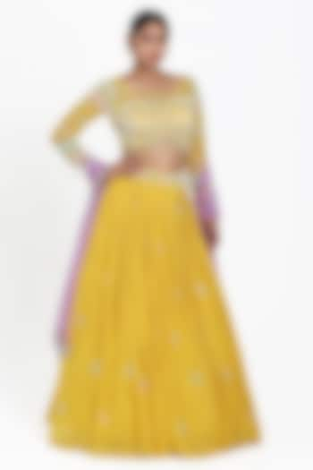 Yellow Georgette Bead & Cutdana Embroidered Wedding Lehenga Set by NITISHA  KASHYAP at Pernia's Pop Up Shop