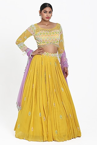 Yellow Georgette Bead & Cutdana Embroidered Lehenga Set by NITISHA  KASHYAP