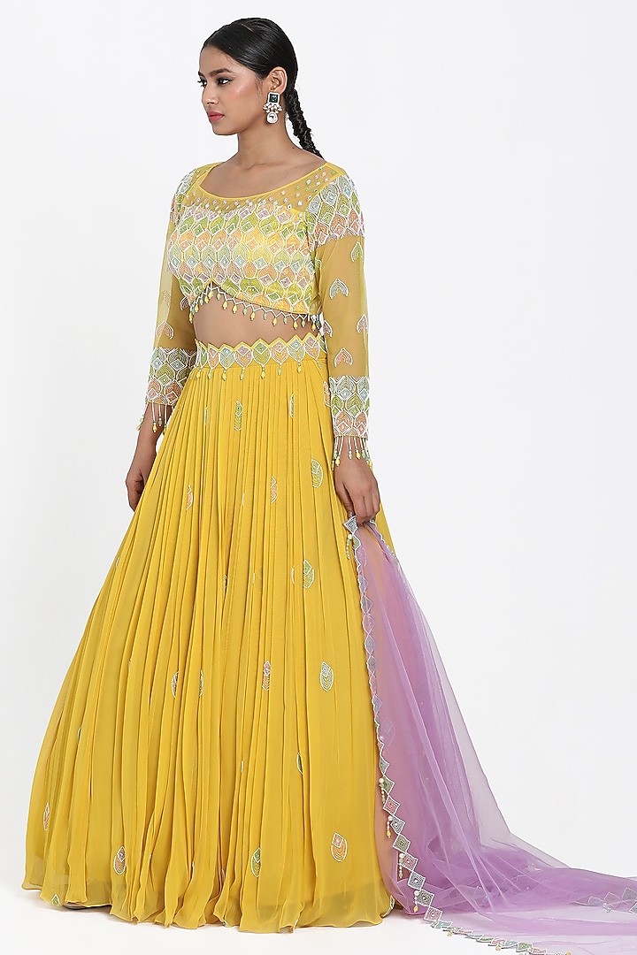 Yellow Georgette Bead & Cutdana Embroidered Wedding Lehenga Set by NITISHA  KASHYAP at Pernia's Pop Up Shop