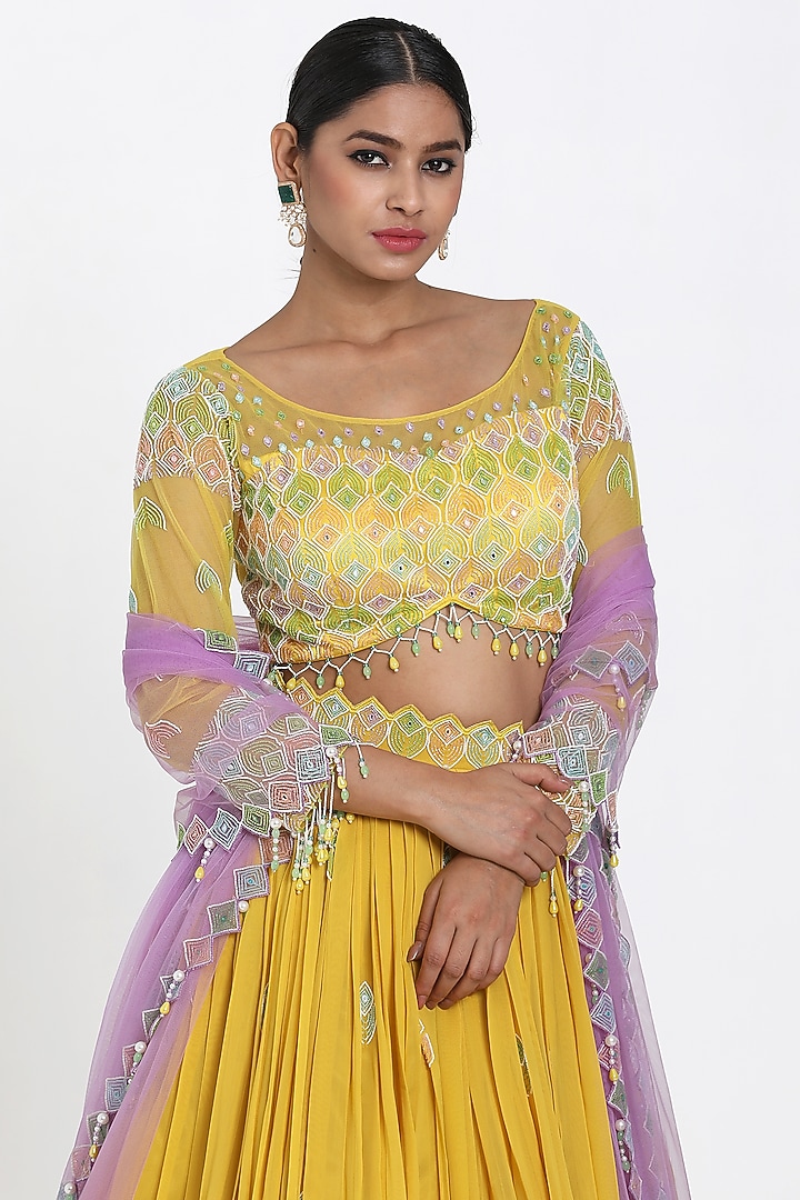 Yellow Georgette Bead & Cutdana Embroidered Wedding Lehenga Set by NITISHA  KASHYAP at Pernia's Pop Up Shop