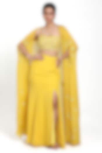 Yellow Georgette Beads & Cutdana Embroidered Cape Set by NITISHA  KASHYAP