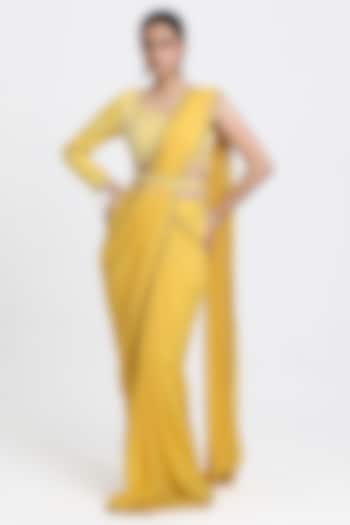 Yellow Georgette Beads & Cutdana Embroidered Draped Saree Set by NITISHA  KASHYAP