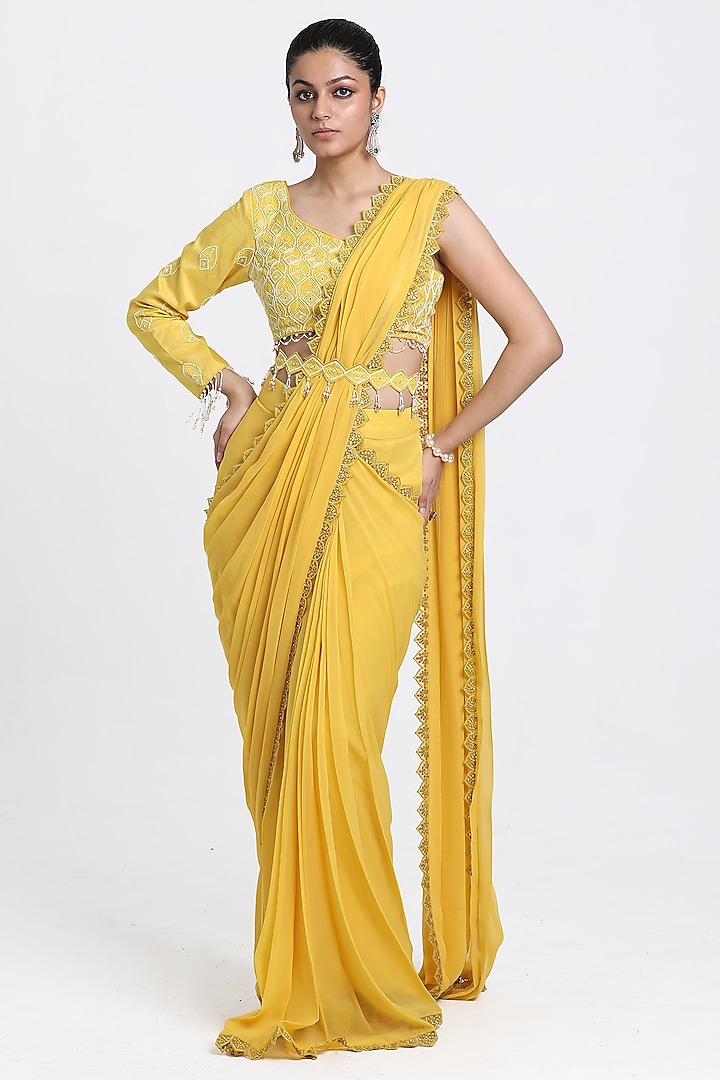 Yellow Georgette Beads & Cutdana Embroidered Draped Saree Set by NITISHA  KASHYAP
