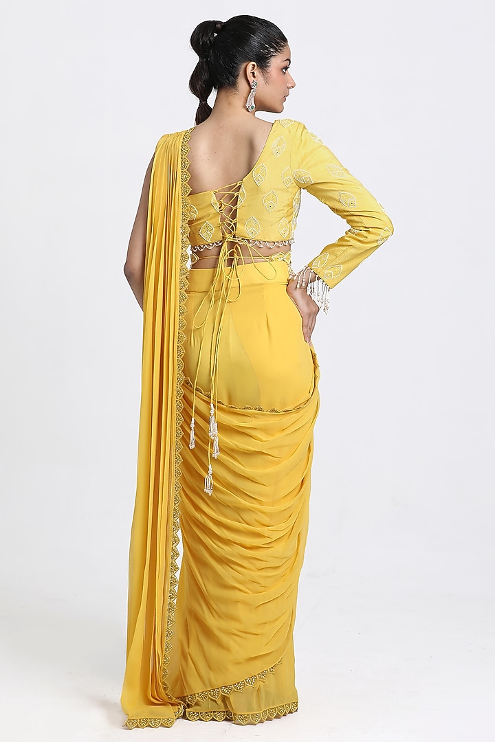 Yellow Georgette Beads & Cutdana Embroidered Draped Wedding Saree Set by NITISHA KASHYAP at Pernia's Pop Up Shop