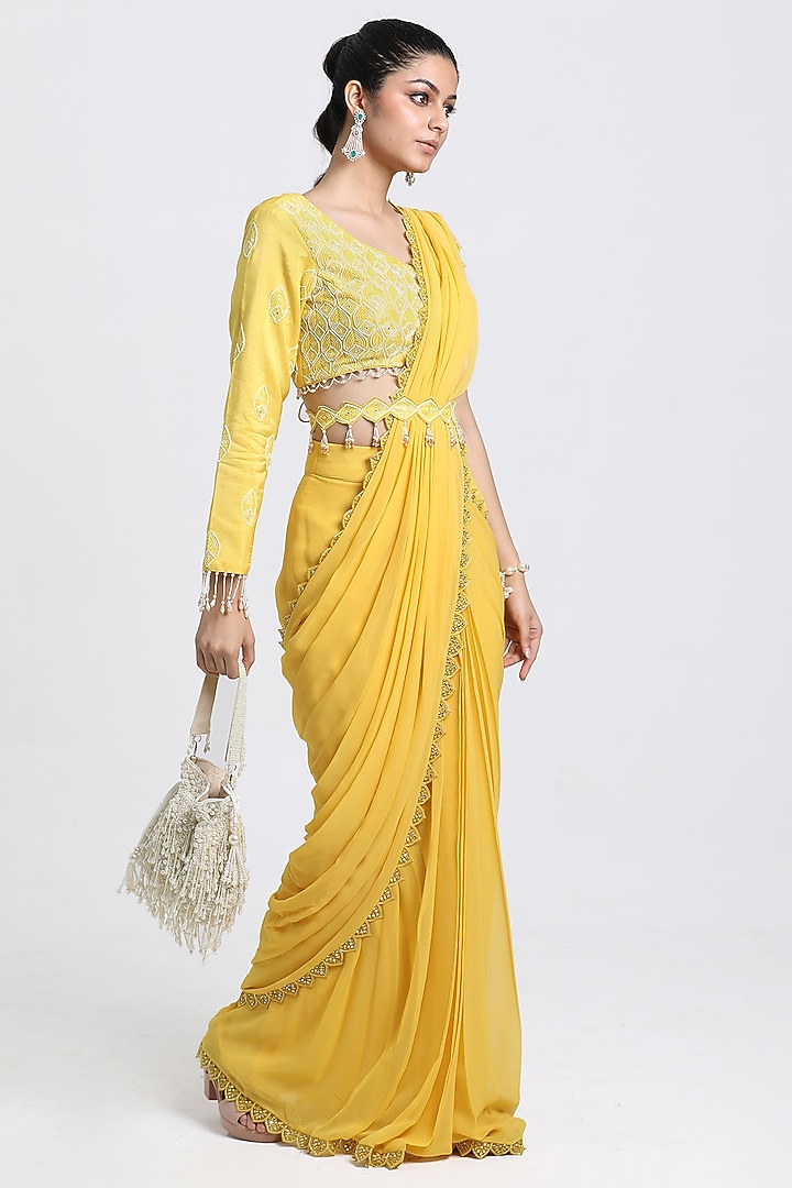 Yellow Georgette Beads & Cutdana Embroidered Draped Wedding Saree Set by NITISHA KASHYAP at Pernia's Pop Up Shop