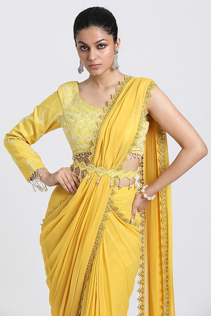 Yellow Georgette Beads & Cutdana Embroidered Draped Wedding Saree Set by NITISHA KASHYAP at Pernia's Pop Up Shop