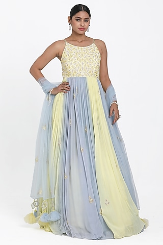Lemon Yellow & Blue Georgette Cutdana Embroidered Ombre Anarkali Set by NITISHA  KASHYAP