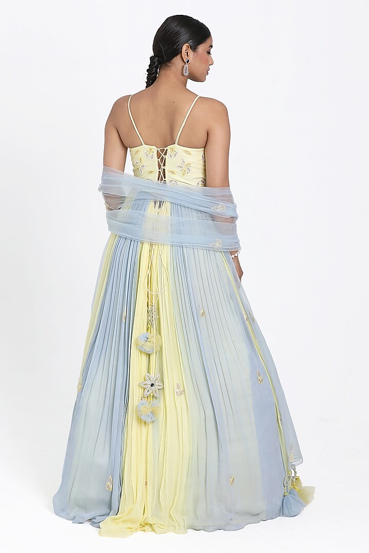 Lemon Yellow & Blue Georgette Cutdana Embroidered Ombre Wedding Anarkali Set by NITISHA KASHYAP at Pernia's Pop Up Shop
