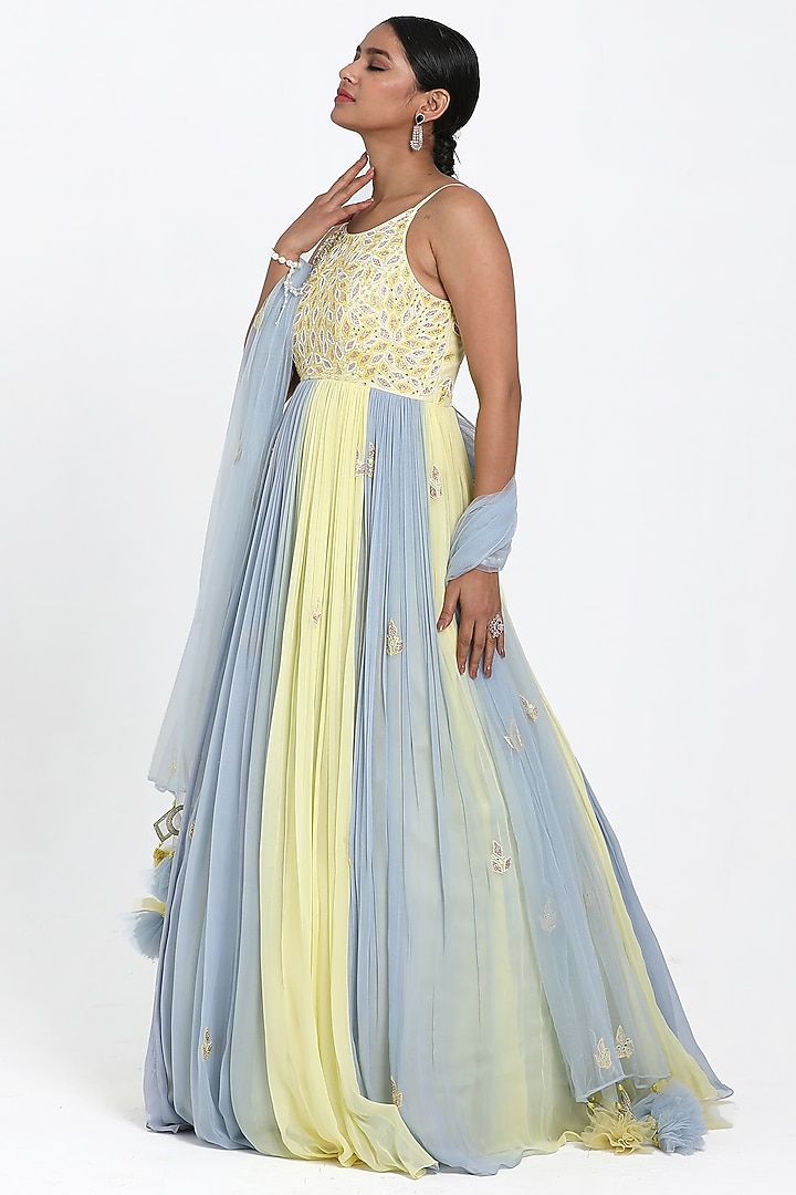 Lemon Yellow & Blue Georgette Cutdana Embroidered Ombre Wedding Anarkali Set by NITISHA  KASHYAP at Pernia's Pop Up Shop