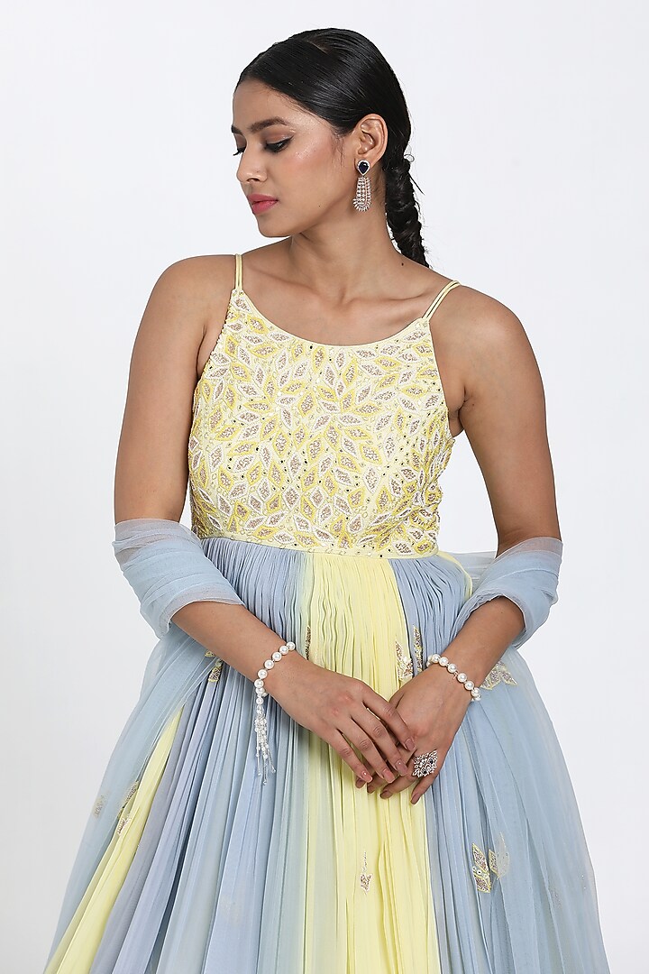Lemon Yellow & Blue Georgette Cutdana Embroidered Ombre Wedding Anarkali Set by NITISHA KASHYAP at Pernia's Pop Up Shop