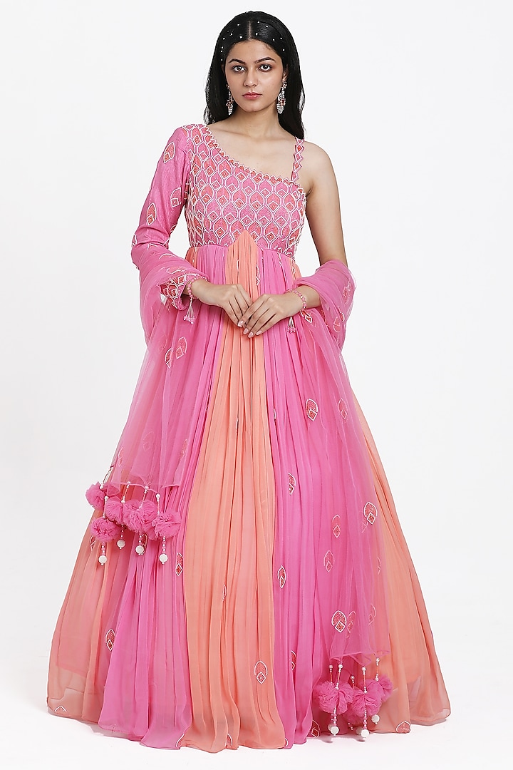 Pink & Peach Georgette Cutdana Embroidered Ombre Gathered Anarkali Set by NITISHA  KASHYAP