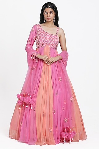 Pink & Peach Georgette Cutdana Embroidered Ombre Gathered Anarkali Set by NITISHA  KASHYAP