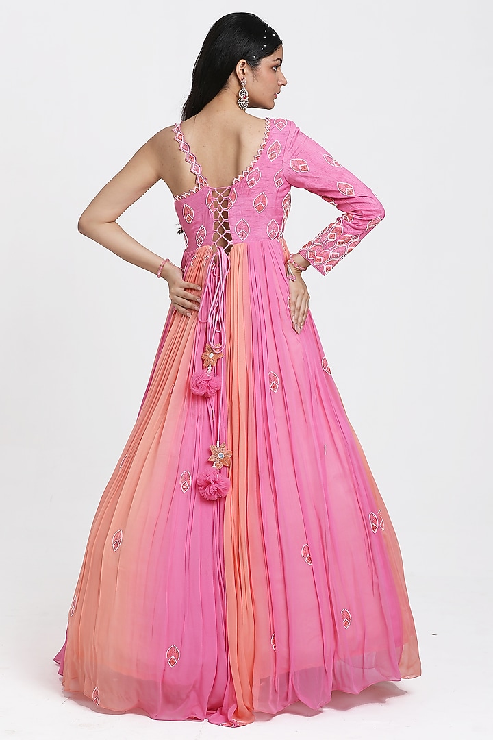 Pink & Peach Georgette Cutdana Embroidered Ombre Gathered Wedding Anarkali Set by NITISHA KASHYAP at Pernia's Pop Up Shop