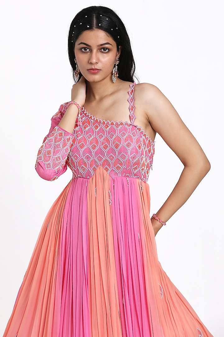 Pink & Peach Georgette Cutdana Embroidered Ombre Gathered Wedding Anarkali Set by NITISHA KASHYAP at Pernia's Pop Up Shop