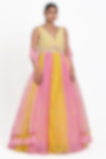 Yellow & Pink Georgette Beads Embroidered Ombre Anarkali Set by NITISHA  KASHYAP