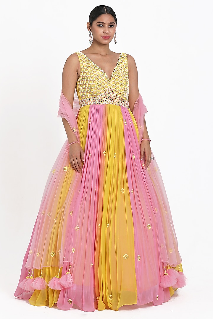 Yellow & Pink Georgette Beads Embroidered Ombre Anarkali Set by NITISHA  KASHYAP