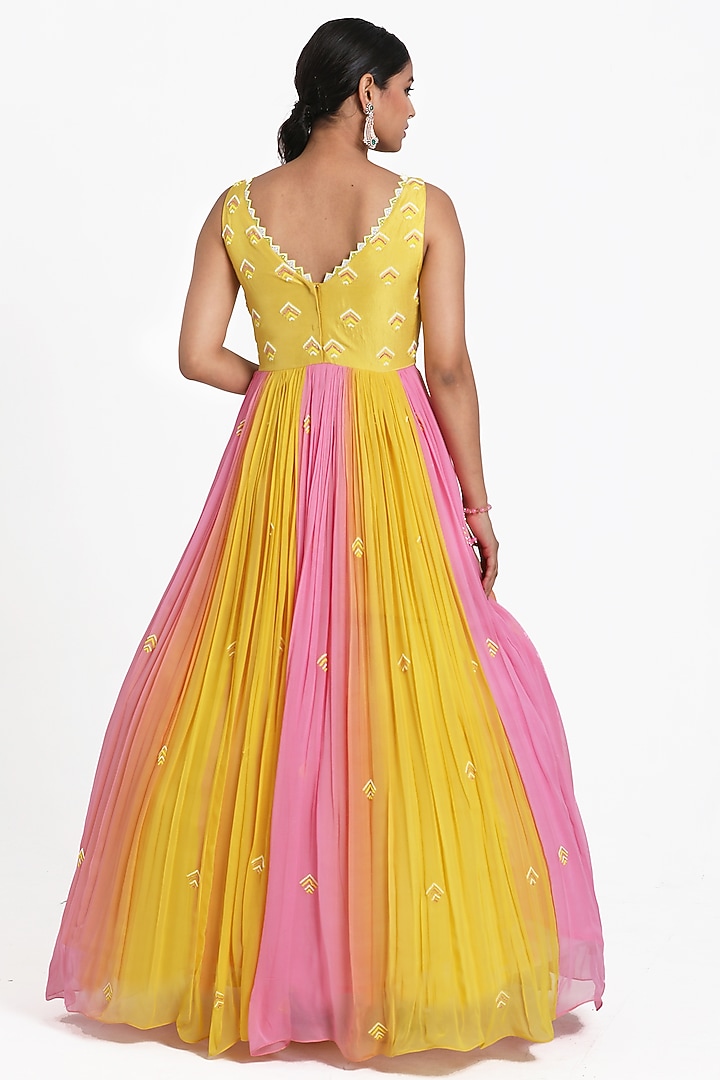 Yellow & Pink Georgette Beads Embroidered Ombre Wedding Anarkali Set by NITISHA KASHYAP at Pernia's Pop Up Shop