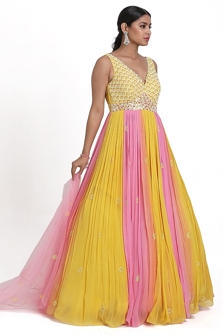 Yellow & Pink Georgette Beads Embroidered Ombre Wedding Anarkali Set by NITISHA KASHYAP at Pernia's Pop Up Shop