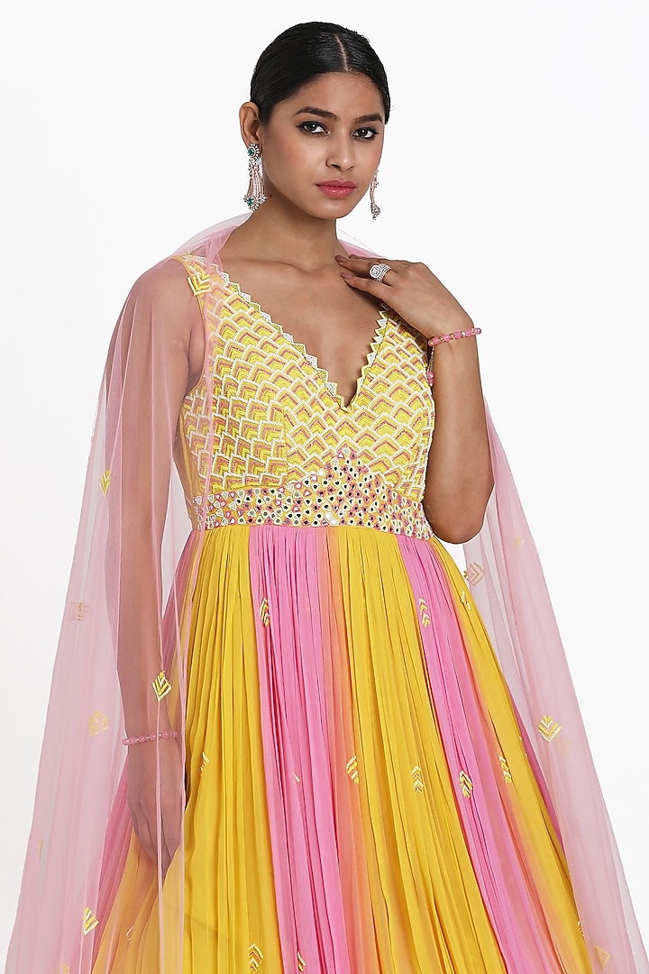 Yellow & Pink Georgette Beads Embroidered Ombre Wedding Anarkali Set by NITISHA KASHYAP at Pernia's Pop Up Shop