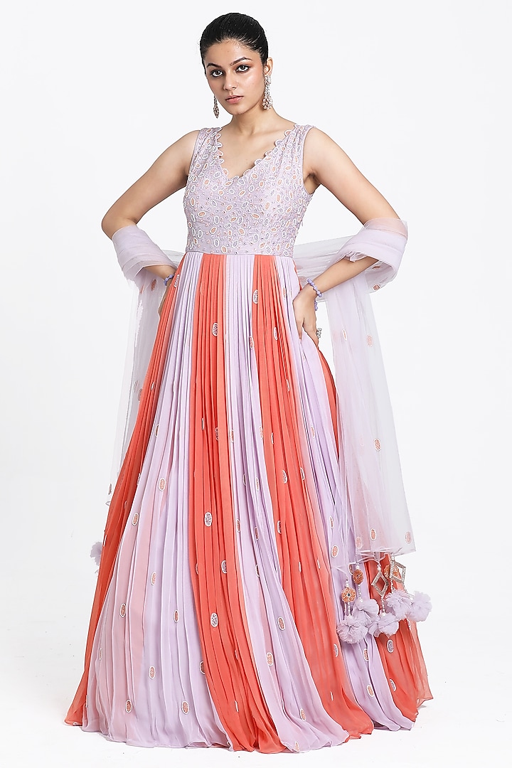 Lilac & Peach Georgette Beads Embroidered Ombre Anarkali Set by NITISHA  KASHYAP
