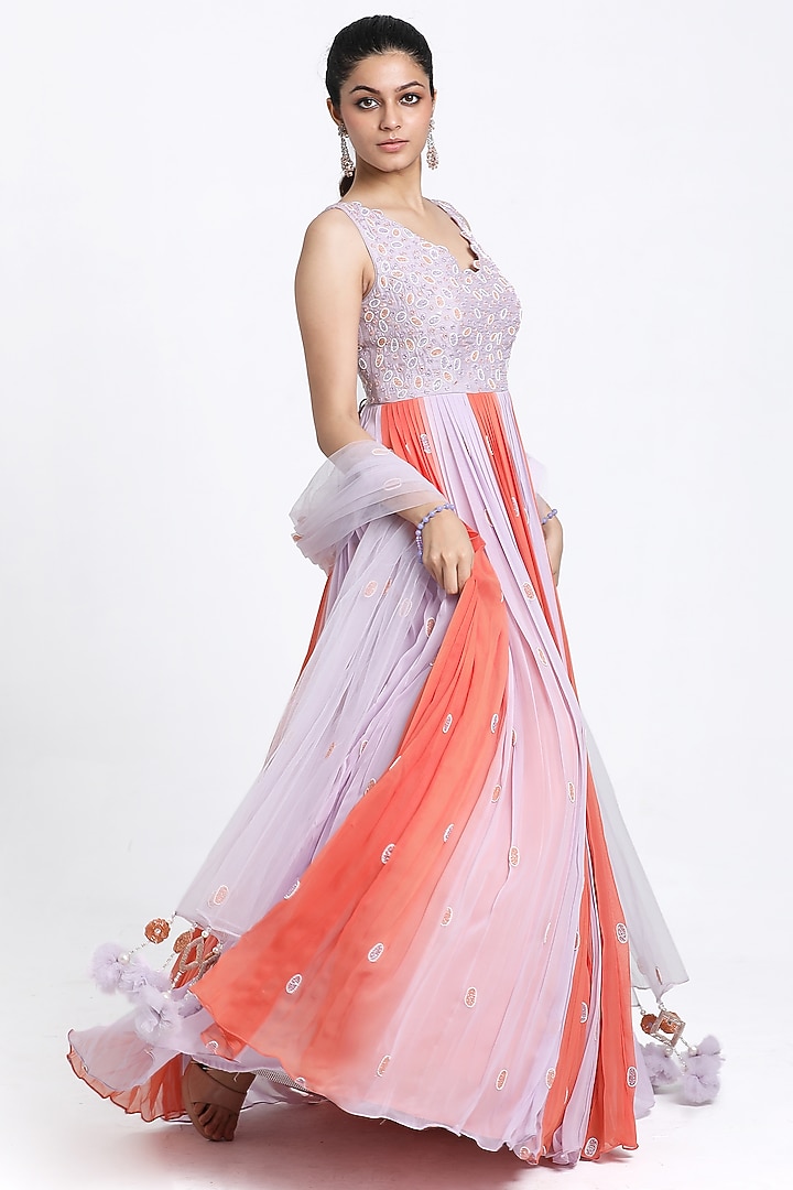 Lilac & Peach Georgette Beads Embroidered Ombre Wedding Anarkali Set by NITISHA  KASHYAP at Pernia's Pop Up Shop