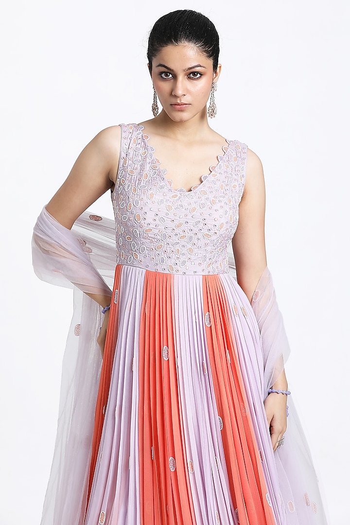 Lilac & Peach Georgette Beads Embroidered Ombre Wedding Anarkali Set by NITISHA  KASHYAP at Pernia's Pop Up Shop