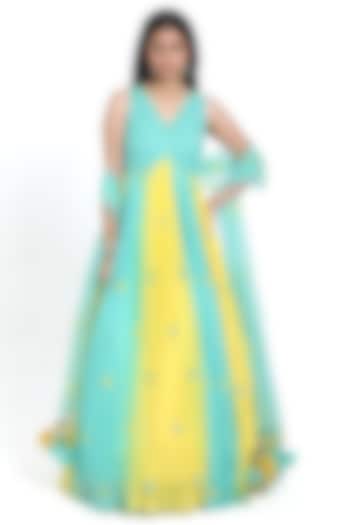 Aqua Blue & Yellow Georgette Beads Embroidered Ombre Pleated Anarkali Set by NITISHA  KASHYAP