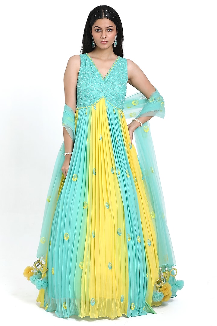 Aqua Blue & Yellow Georgette Beads Embroidered Ombre Pleated Anarkali Set by NITISHA  KASHYAP