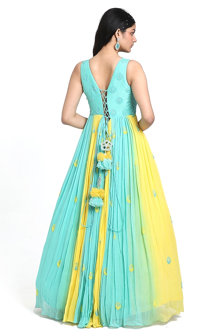 Aqua Blue & Yellow Georgette Beads Embroidered Ombre Pleated Wedding Anarkali Set by NITISHA KASHYAP at Pernia's Pop Up Shop