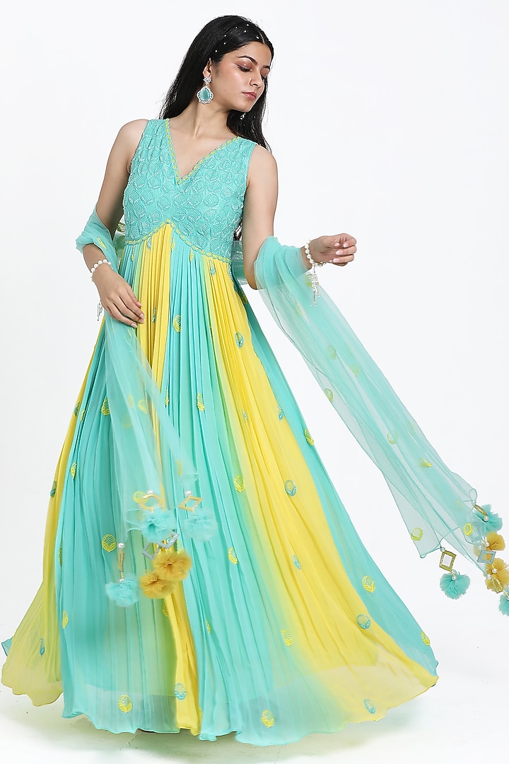Aqua Blue & Yellow Georgette Beads Embroidered Ombre Pleated Wedding Anarkali Set by NITISHA  KASHYAP at Pernia's Pop Up Shop