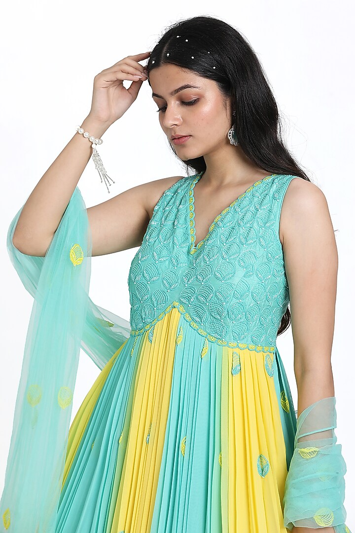 Aqua Blue & Yellow Georgette Beads Embroidered Ombre Pleated Wedding Anarkali Set by NITISHA  KASHYAP at Pernia's Pop Up Shop