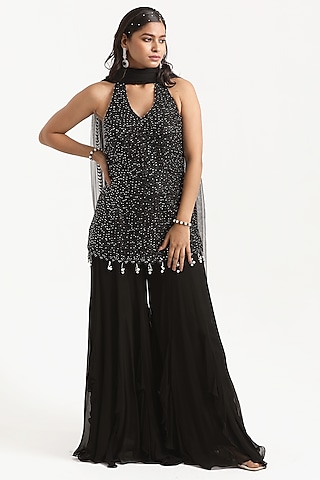 Black Georgette Frilled Inserted Sharara Set by NITISHA  KASHYAP