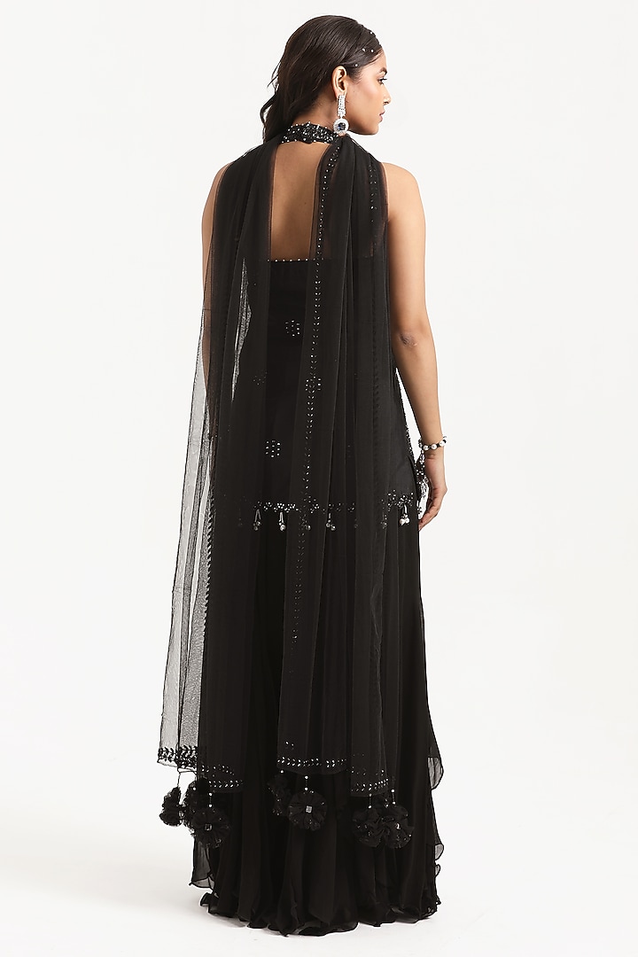 Black Georgette Frilled Inserted Wedding Sharara Set by NITISHA KASHYAP at Pernia's Pop Up Shop