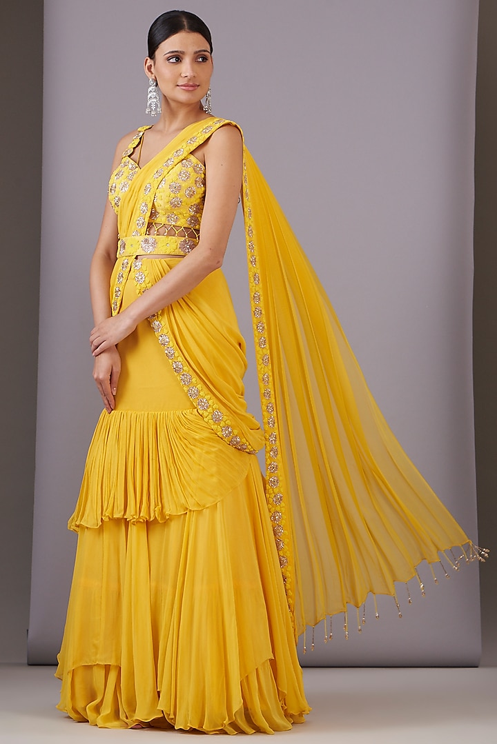 Yellow Georgette & Upada Silk Embroidered Lehenga Saree Set by NITISHA  KASHYAP
